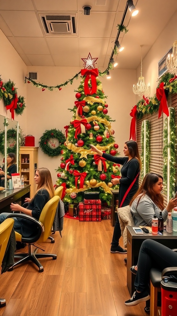 A cheerful hair salon decorated for Christmas with a tree and lights, clients getting haircuts.